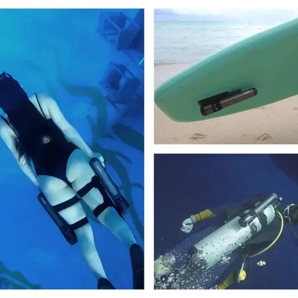 Waydoo Subnado, scooter subacuático ultra compacto: propulsores duales, montaje en piernas o equipo, diseño negro minimalista y fijación a tabla de surf