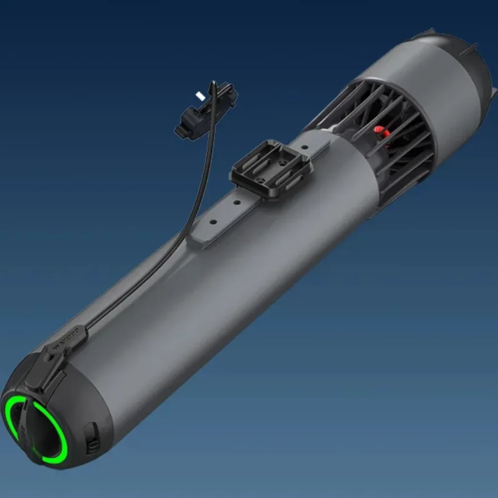 Waydoo Subnado - Scooter subacuático ultra compacto en gris mate con hélice trasera, aro LED verde, soporte superior y cable de control frontal ajustable
