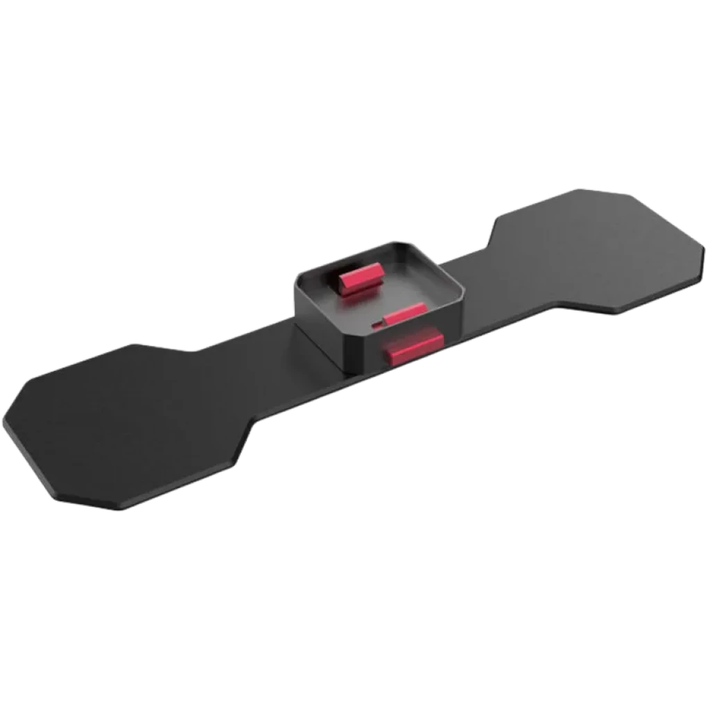 Adaptador para SUP Waydoo negro, alargado y plano, con base central cuadrada y piezas rojas de sujeción, bordes angulados y diseño robusto para montaje seguro
