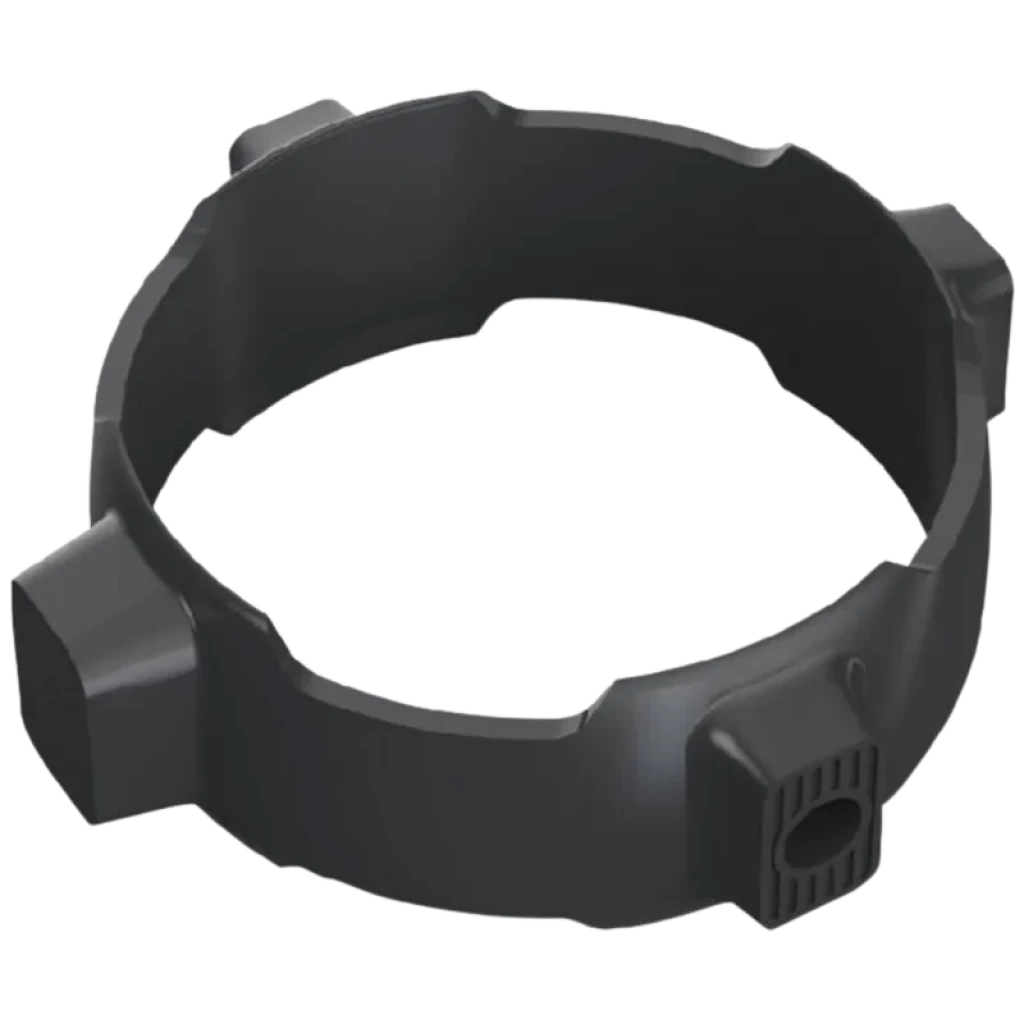 Anillo de fijación para accesorios Waydoo, pieza circular de plástico negro, diseño robusto con pestañas y ranuras para asegurar y ajustar componentes