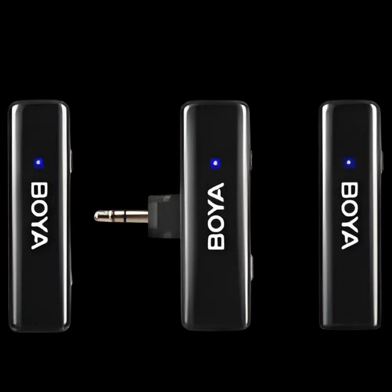 Boya LINK Sistema de Micrófono Inalámbrico All-in-One: tres módulos negros con LED azul y logo BOYA, uno con conector jack 3.5 mm retráctil