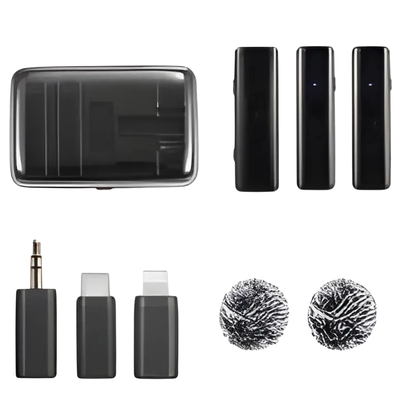 Boya LINK: estuche negro brillante, dos transmisores compactos, receptor, adaptadores USB-C, Lightning y jack 3.5 mm, dos paravientos peludos blancos y negros