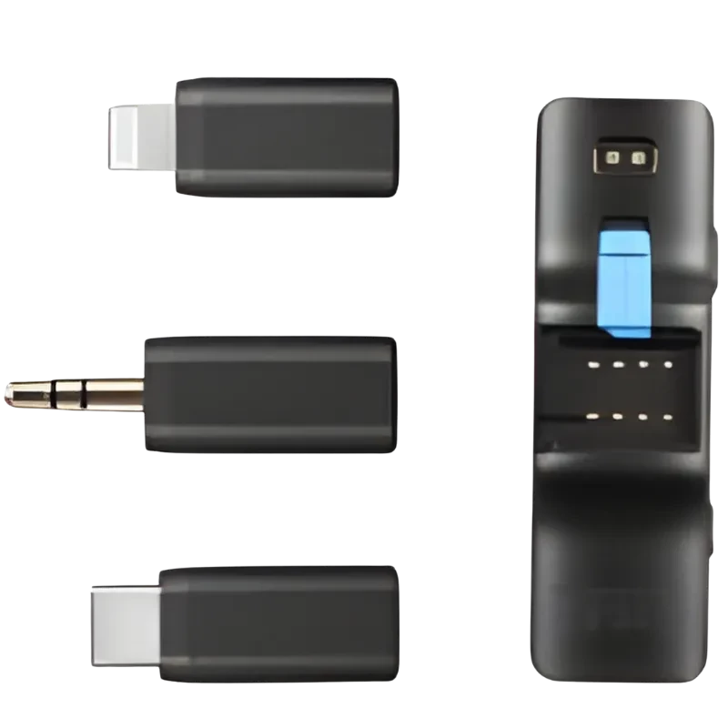 Boya LINK sistema de micrófono inalámbrico con receptor compacto y tres adaptadores USB C Lightning y jack 3.5 mm en negro con estuche de carga