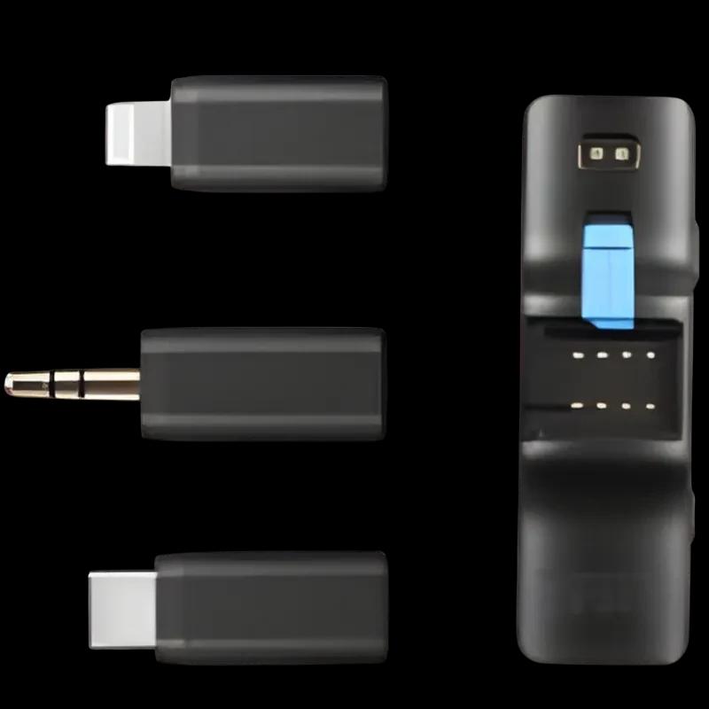 Boya LINK sistema de micrófono inalámbrico con receptor compacto y tres adaptadores USB C Lightning y jack 3.5 mm en negro con estuche de carga