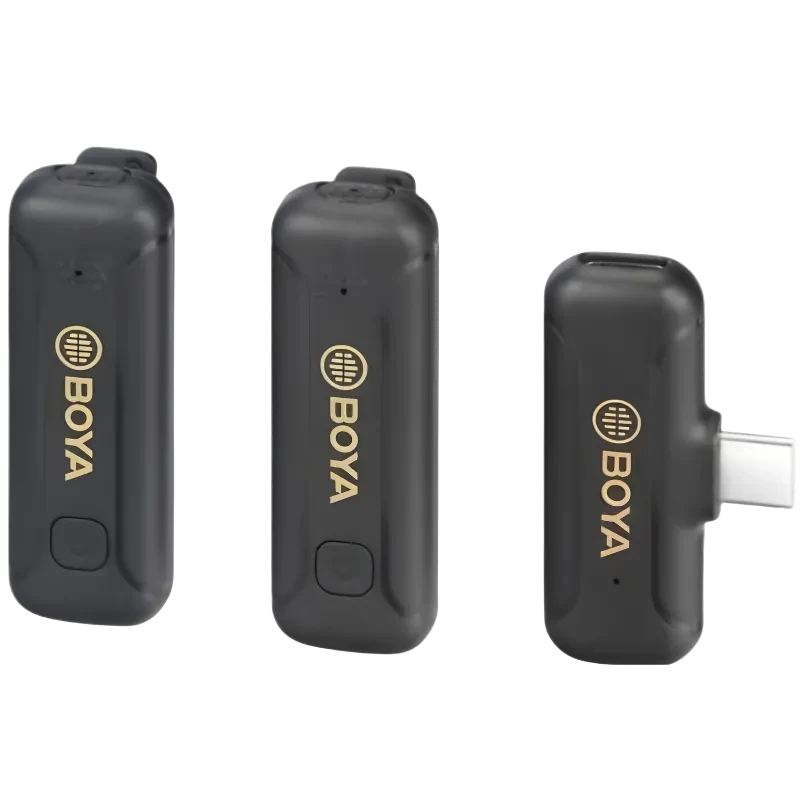 Boya BY-WM3T2-U2 microfone sem fios 2,4 GHz com dois transmissores lapela e um receptor USB-C compacto em preto com logotipo dourado