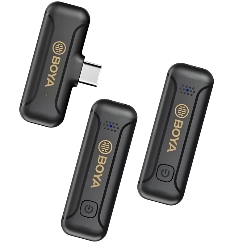 Boya BY-WM3T2-U2 microfone sem fios 2,4 GHz com receptor USB-C e dois transmissores lapela compactos em preto, botões de energia e indicador LED