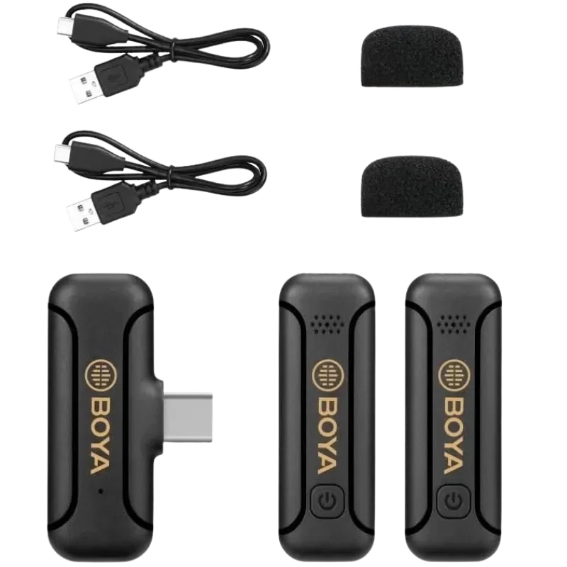 Boya BY-WM3T2-U2 microfone sem fios 2,4 GHz USB-C com 2 transmissores, 1 receptor compacto, 2 filtros de espuma e 2 cabos USB para recarga