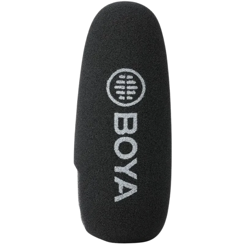 Boya BY-BM3030 Micrófono de condensador supercardioide para cámara con parabrisas de espuma negro y logo BOYA en blanco, diseño alargado y compacto