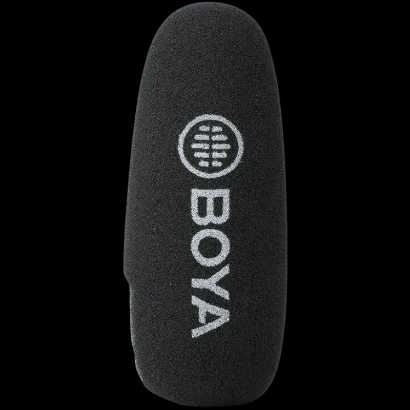 Boya BY-BM3030 Micrófono de condensador supercardioide para cámara con parabrisas de espuma negro y logo BOYA en blanco, diseño alargado y compacto