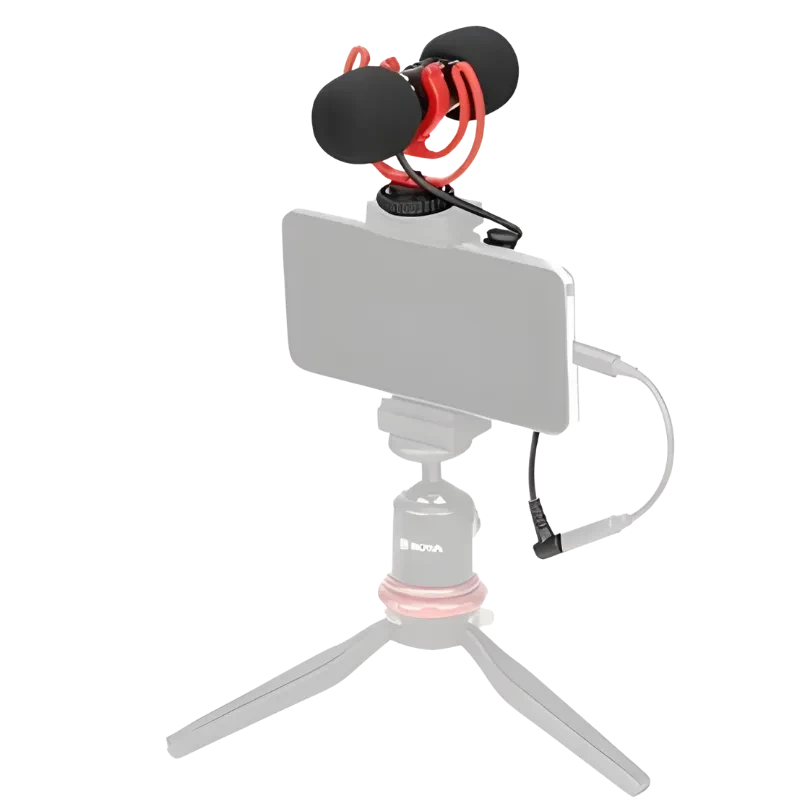 Boya BY-MM1 PRO Micrófono compacto universal con doble cápsula, antiviento de espuma, shock mounts rojos, montado en trípode y soporte para smartphone