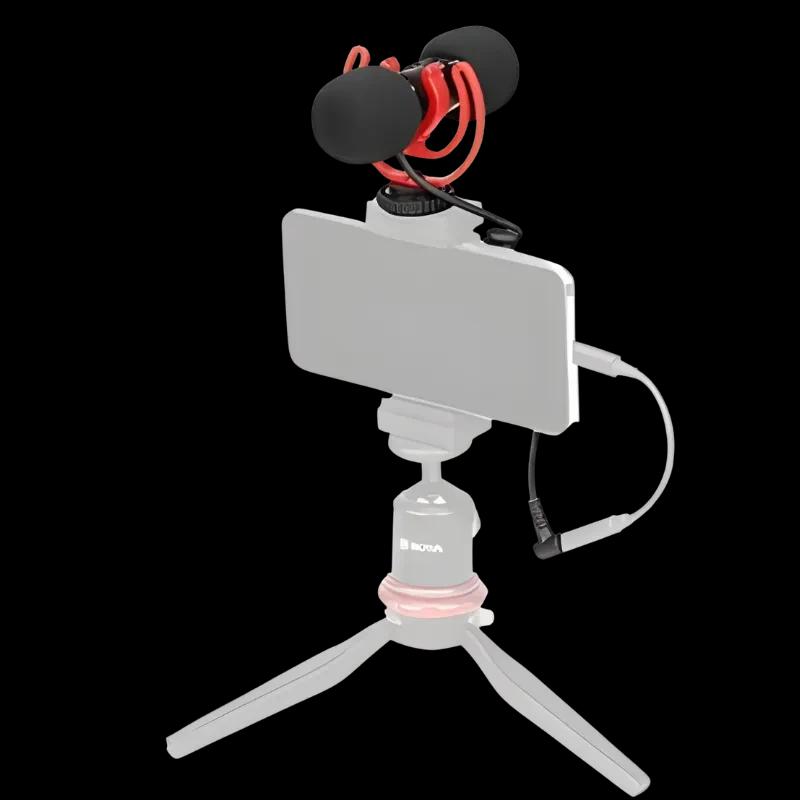 Boya BY-MM1 PRO Micrófono compacto universal con doble cápsula, antiviento de espuma, shock mounts rojos, montado en trípode y soporte para smartphone