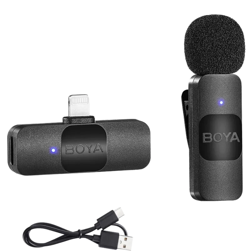 Boya By-v1 Microphone Lavalier 2.4 GHz Connexion Lightning avec émetteur compact, récepteur Lightning, capsule mousse anti-vent et câble USB noir