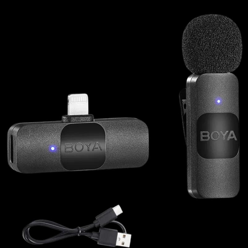 Boya By-v1 Microphone Lavalier 2.4 GHz Connexion Lightning avec émetteur compact, récepteur Lightning, capsule mousse anti-vent et câble USB noir