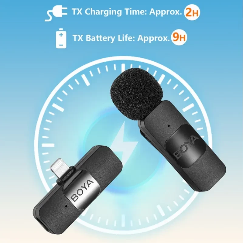 Boya By-v1 Microphone Lavalier 2.4 GHz Connexion Lightning avec émetteur compact Lightning et micro à bonnette mousse noire, autonomie TX env. 9 h