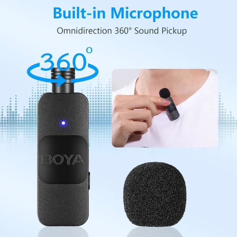 Boya By-v1 Microphone Lavalier 2.4 GHz Connexion Lightning avec capsule omnidirectionnelle 360°, clip de vêtement, filtre anti-vent et voyant LED bleu