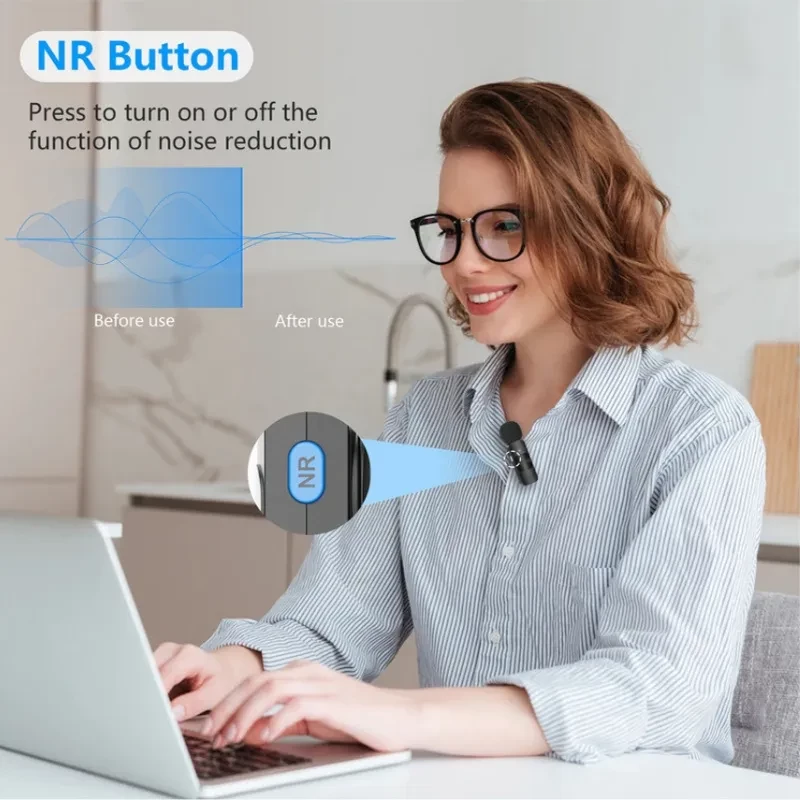 Boya By-v1 Microphone Lavalier 2.4 GHz Connexion Lightning avec bouton NR, pince cravate compacte, capsule noire sur chemise, usage devant ordinateur portable