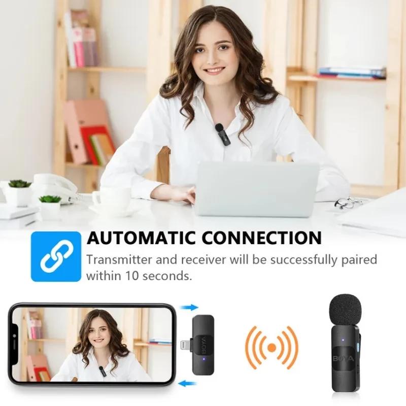 Microphone cravate sans fil Boya By-v1, émetteur compact 2,4 GHz avec récepteur Lightning, clip discret, voyant LED, bonnette anti-vent, idéal pour iPhone