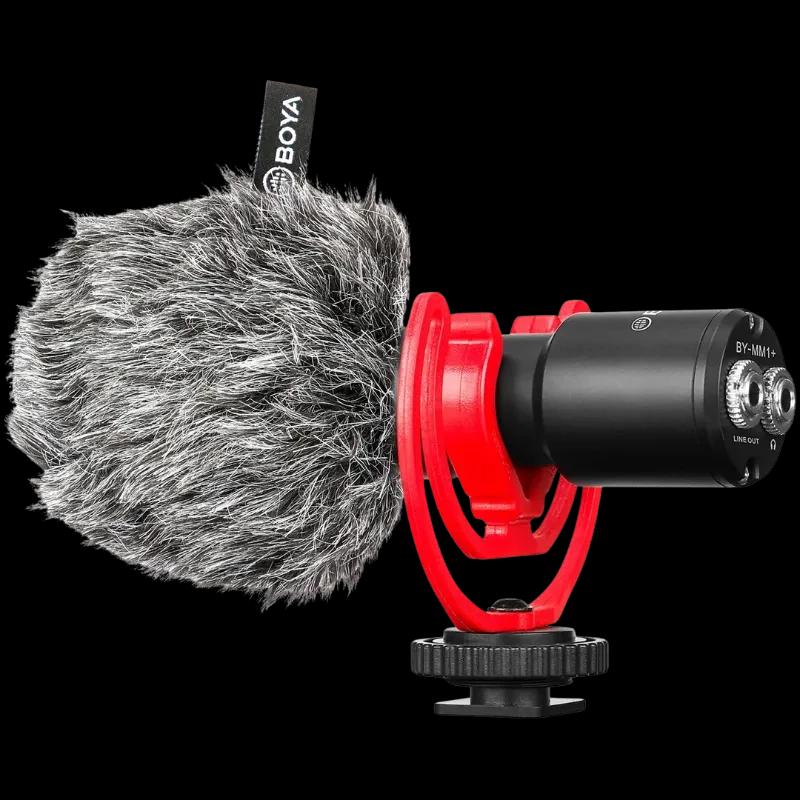 Micrófono para móvil Boya BY-MM1+ tipo escopeta, cápsula de condensador Electret, parabrisas peludo gris, soporte antivibración rojo y montura fría negra