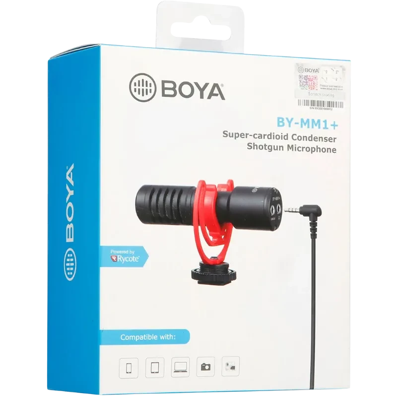 Micrófono para móvil Boya BY-MM1+ tipo escopeta supercardioide, cuerpo negro con soporte antivibración rojo, montura para zapata y cable TRS conectado