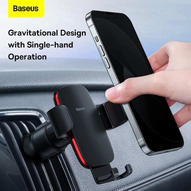 Baseus Car Holder Metal Grille Car Mount Age Gravity Air 2 Black imagem real colocando o telemóvel no suporte