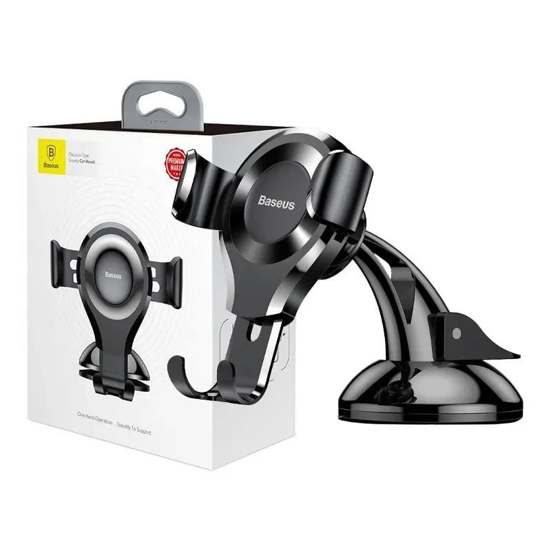 Imagen con la caja del Soporte de Teléfono para Coche Baseus Osculum - Colocación con ventosa en cristal o salpicadero