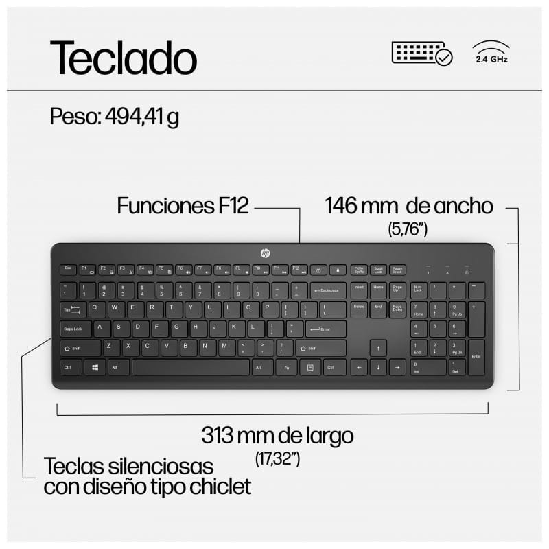 HP Combo de Teclado y Ratón Inalámbricos 230 - Teclado de membrana silencioso - Ratón 1600DPI  teclas de funciones rapidas