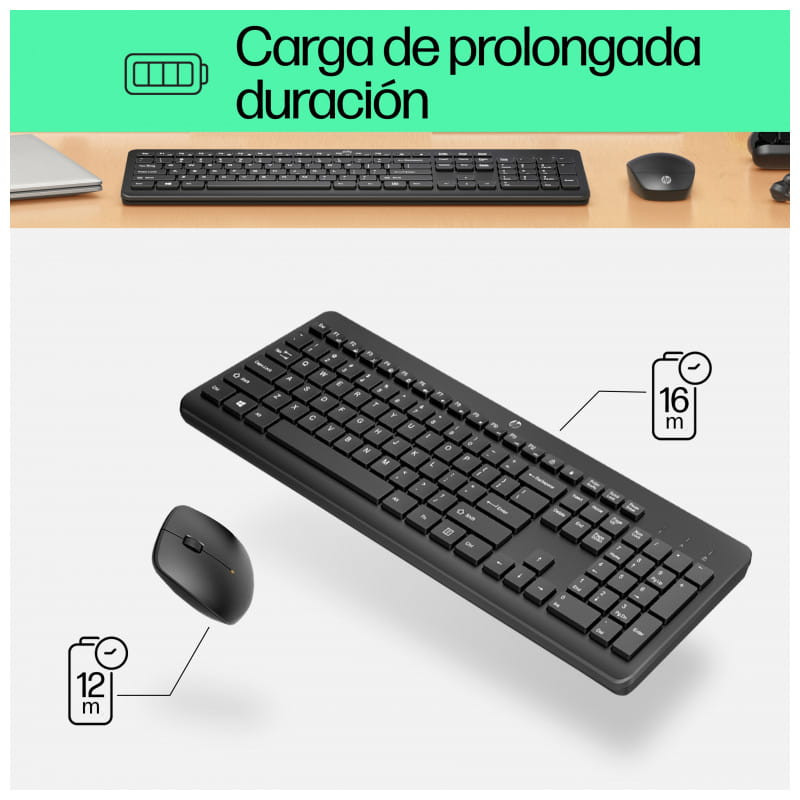 HP Combo de Teclado y Ratón Inalámbricos 230 - Teclado de membrana silencioso - Ratón 1600DPI  poco consumo de batería