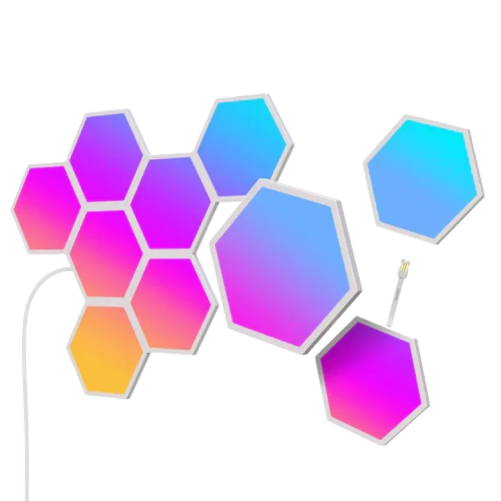 Panneaux hexagonaux RGBIC modulaires aux dégradés rose bleu orange, bords blancs, liaison câble visible, configuration murale flexible et lumineuse