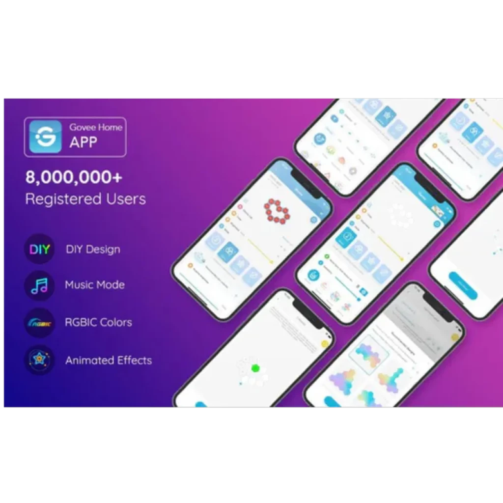 Écrans de lapp Govee Home affichant contrôle des panneaux hexagonaux RGBIC, modes musique, effets animés, design DIY, WiFi et Bluetooth, pour éclairage