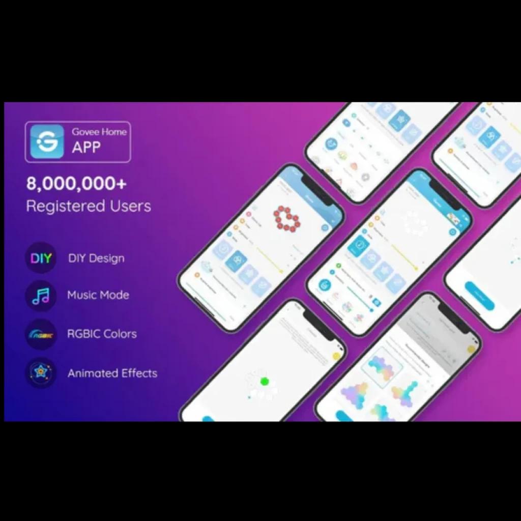 Écrans de lapp Govee Home affichant contrôle des panneaux hexagonaux RGBIC, modes musique, effets animés, design DIY, WiFi et Bluetooth, pour éclairage