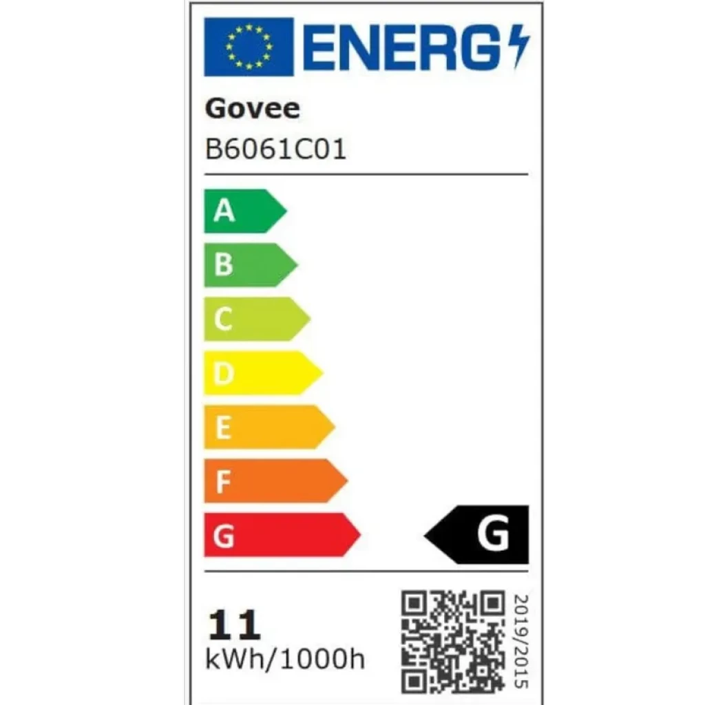 Étiquette énergie Govee H6061 Glide Hexa Light RGBIC Wifi Bluetooth, classe G, consommation 11 kWh/1000h, code B6061C01, QR pour infos détaillées
