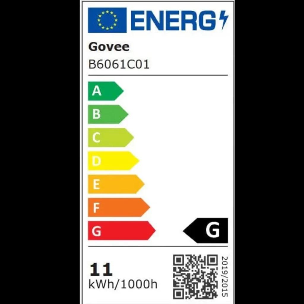 Étiquette énergie Govee H6061 Glide Hexa Light RGBIC Wifi Bluetooth, classe G, consommation 11 kWh/1000h, code B6061C01, QR pour infos détaillées