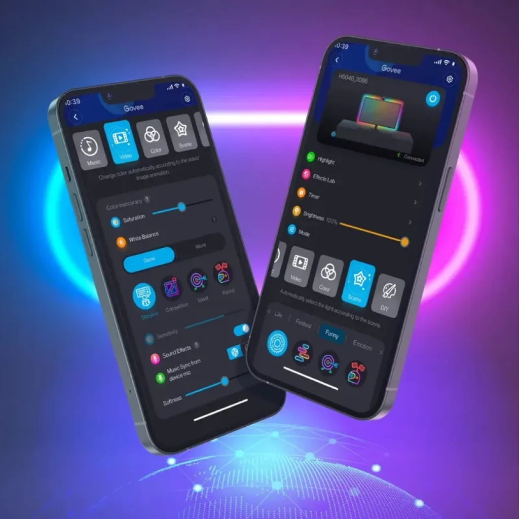 Govee H604B Dreamview G1 con app móvil: control de colores, brillo y escenas; retroiluminación LED RGBIC envolvente para monitores 24–32 pulgadas