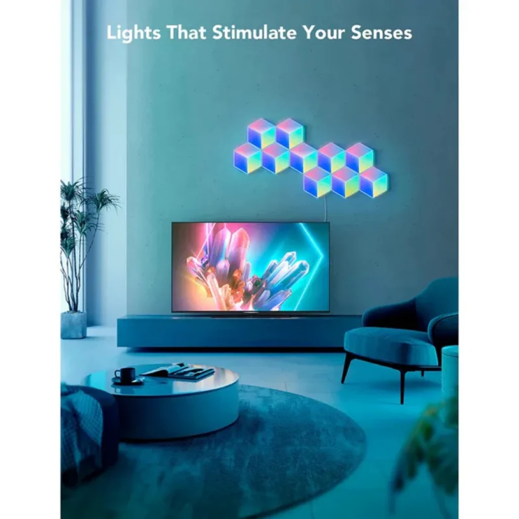 Paneles hexagonales RGBIC modulares en pared, colores vivos y degradados, compatibles con WiFi y Bluetooth, ideales para ambientar salas modernas