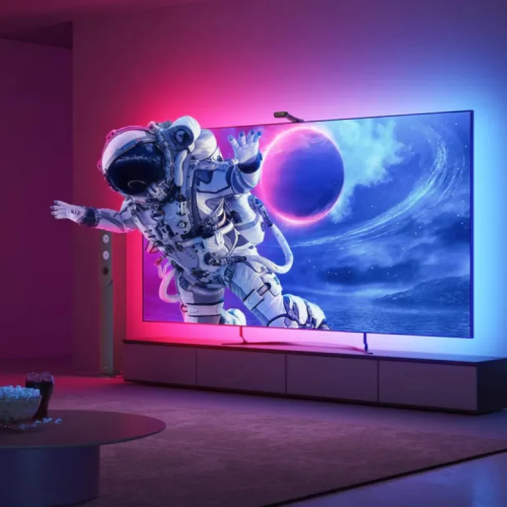 Govee H605C Backlight T2 RGBIC para TV con iluminación trasera envolvente en tonos rosa y azul, acento ambiental y cámara superior para sincronización