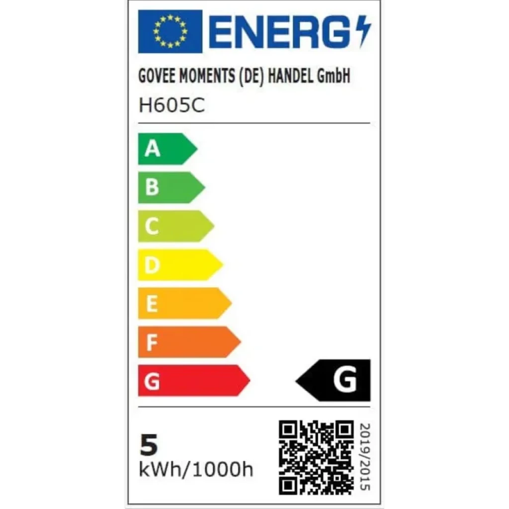 Etiqueta energética del Govee H605C: clase G, 5 kWh/1000 h, escala de eficiencia A a G con colores, código QR y datos del fabricante
