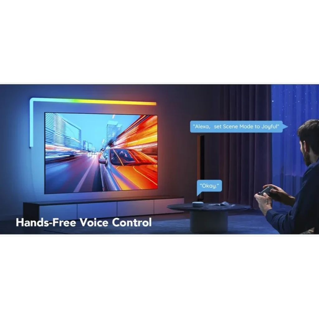 Govee Glide Wall Light RGBIC Wifi Bluetooth con segmentos LED en L sobre TV, luces multicolor dinámicas y control manos libres por voz en sala moderna