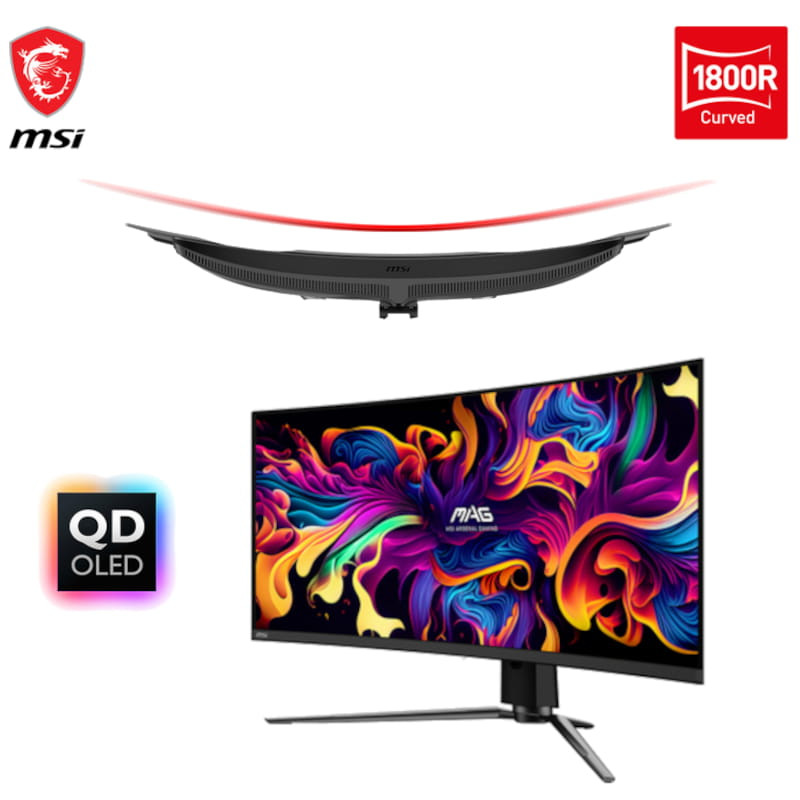 MSI MAG 341CQPDE 34 QD-OLED 2K QHD Curvo UltraWide 175 Hz Vista frontal y Superior de la curvatura