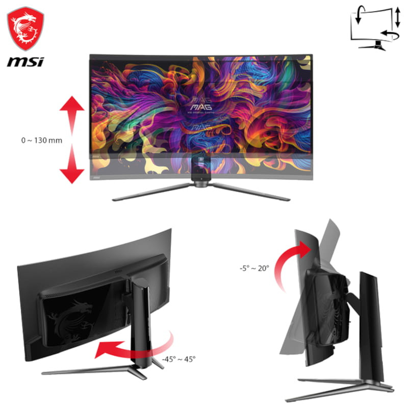 MSI MAG 341CQPDE 34 QD-OLED 2K QHD Curvo UltraWide 175 Hz Frontal y trasera mostrando ajuste de inclinacion