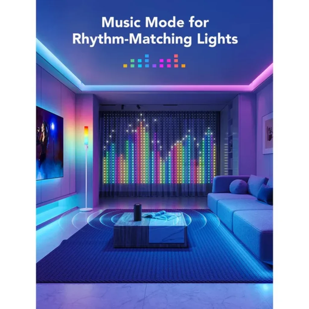 Govee H70B1 RGBIC Wifi Bluetooth Rideau lumineux LED avec motifs égaliseur, couleurs vives, synchronisation musicale et contrôle intelligent pour ambiance