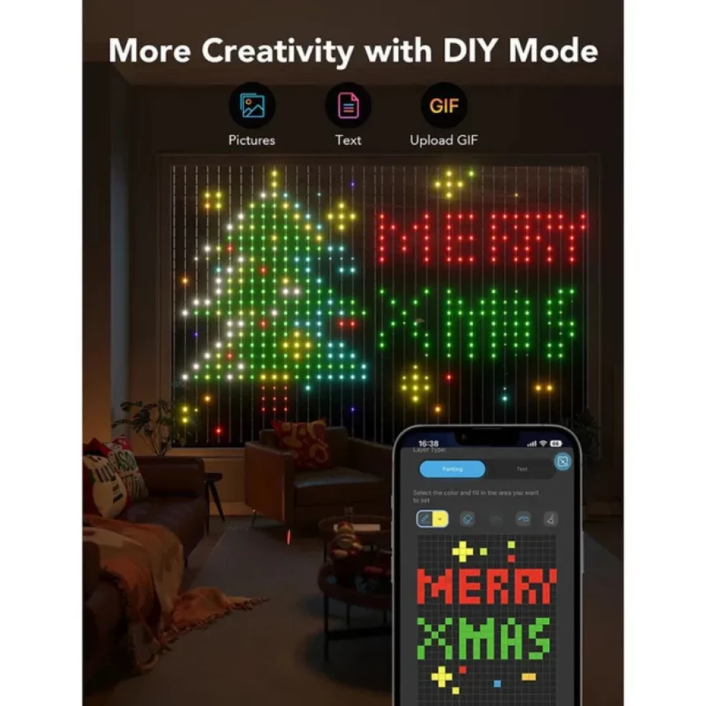 Govee H70B1 RGBIC Wifi Bluetooth Rideau lumineux LED avec motifs pixelisés, arbre de Noël et texte MERRY XMAS, contrôle via appli et mode DIY multicolore