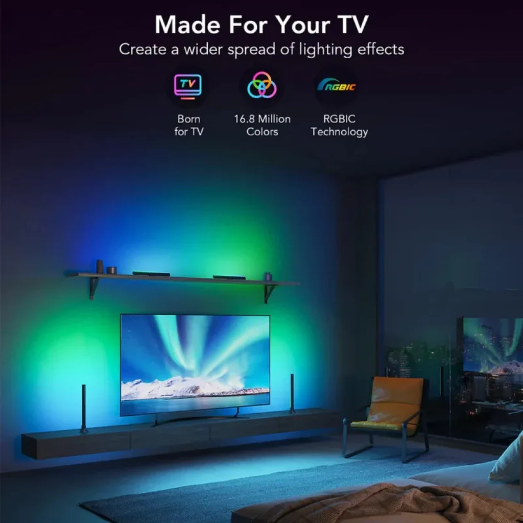 Govee RGBIC TV Light Bars H6046 para TVs 45-70: dos barras LED verticales con iluminación dinámica multicolor, control WiFi y efectos envolventes detrás del