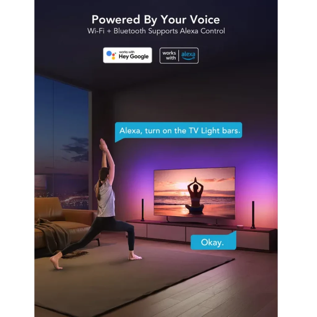 Barras de luz LED RGBIC para TV 45-70 con control WiFi, efectos multicolor y sincronización con Alexa y Google; diseño vertical junto a la pantalla