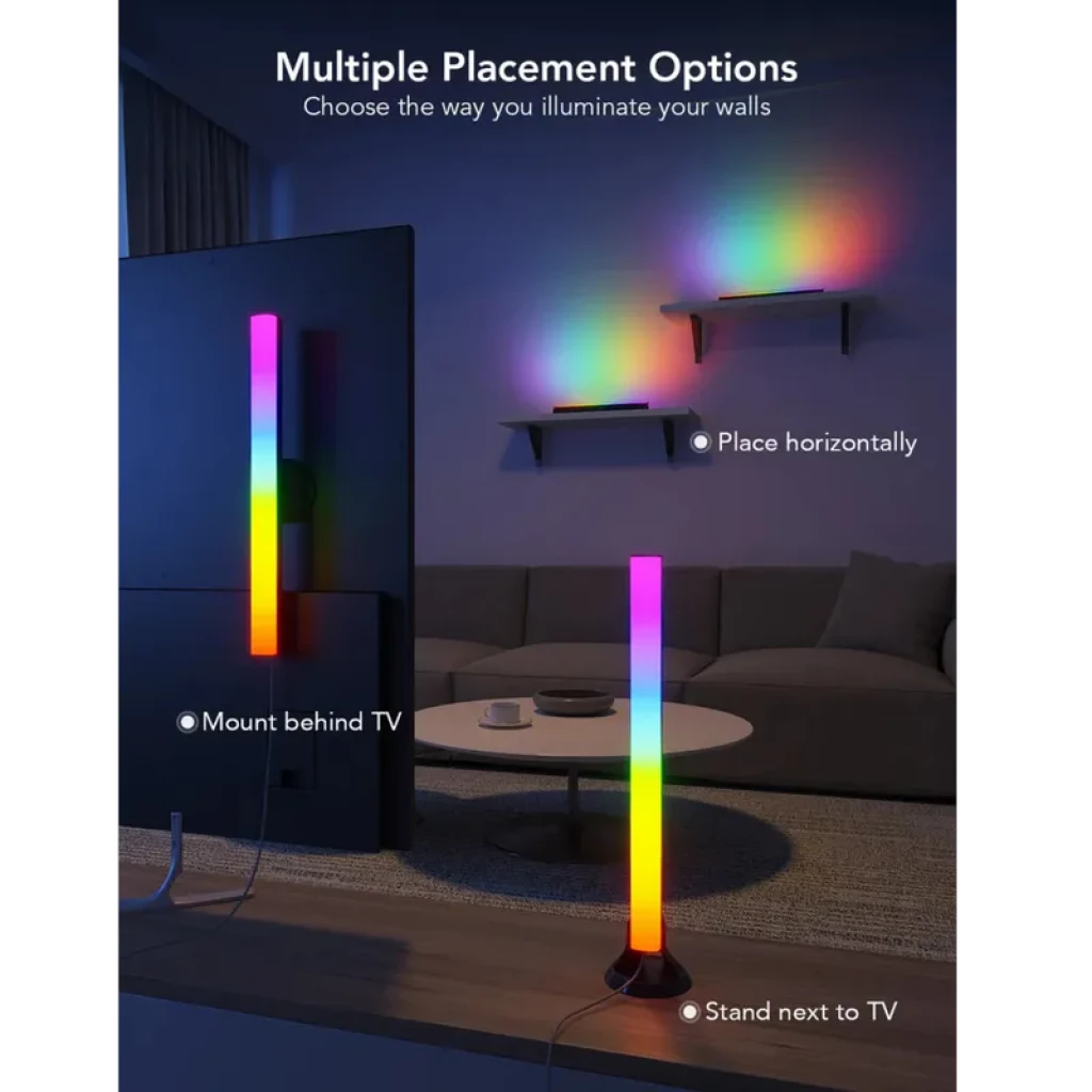 Barras LED RGBIC para TV 45-70 pulgadas con colores vibrantes, montaje trasero o de pie, efectos multicolor sincronizados que iluminan pared y ambiente WiFi
