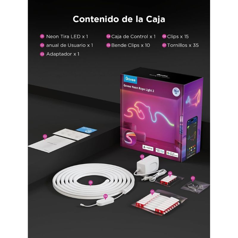 Govee H61D5 RGBIC 5m: tira LED multicolor con control WiFi/Bluetooth, mapeo de formas y efectos personalizables, ideal para contornos y neón decorativo.