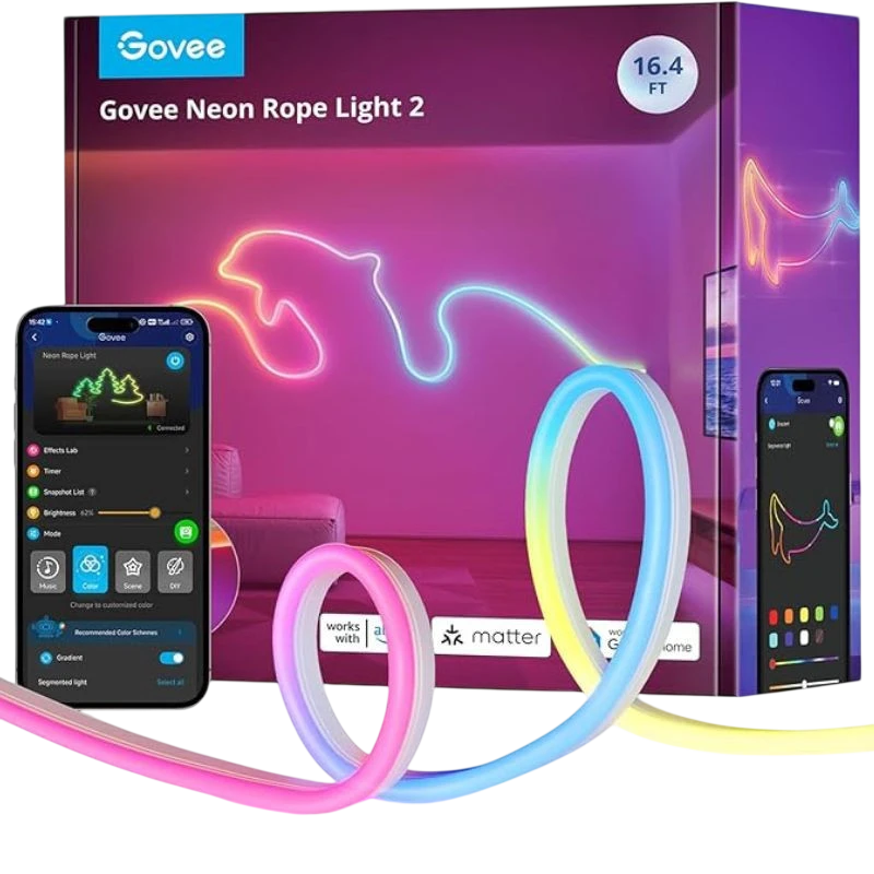 Govee H61D5 RGBIC 5m: tira LED flexible tipo neón, multicolor gradiente, control por app WiFi/Bluetooth, compatible con Matter, Alexa y Google Home.