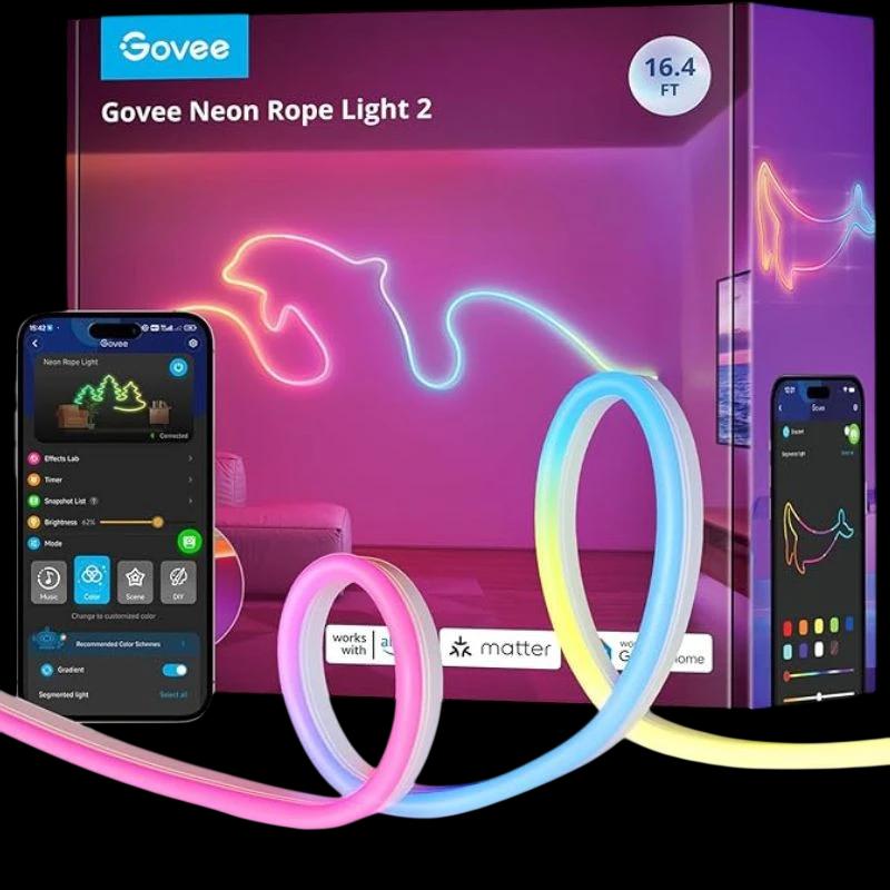 Govee H61D5 RGBIC 5m: tira LED flexible tipo neón, multicolor gradiente, control por app WiFi/Bluetooth, compatible con Matter, Alexa y Google Home.