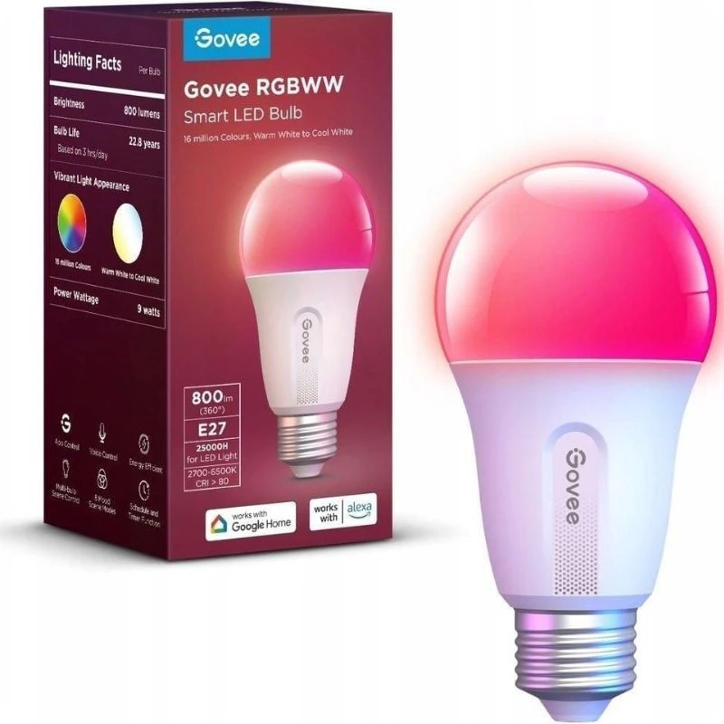Bombilla LED inteligente Govee H6004 RGBWW E27, luz regulable de cálido a frío y colores vivos; compatible con Wi‑Fi/Bluetooth, Google Home y Alexa.