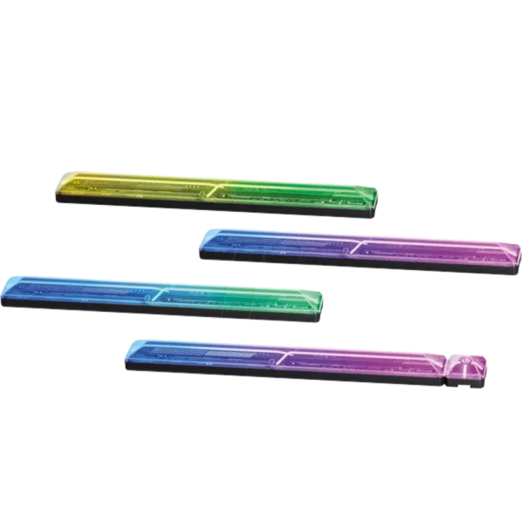 Barras LED modulares RGBIC para pared con efecto multicolor segmentado; diseño alargado en tonos amarillo, verde, azul y púrpura; control WiFi y Bluetooth