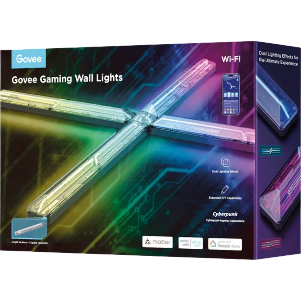 Govee H6063 Gaming RGBIC Wifi Bluetooth - Lámpara de pared LED con barras cruzadas multicolor, efectos duales, control por app y compatibilidad Matter